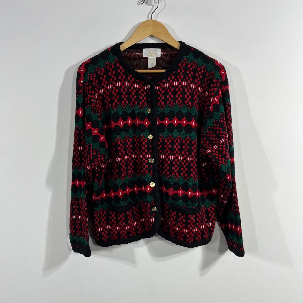 Tally-Ho VTG 90s Folk Fair Isle Button Front Cardigan Sweater Womens Medium Cozy